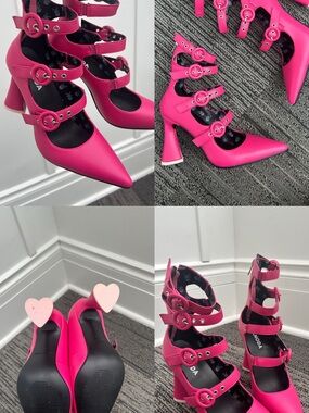 La Moda Hot Pink Multi-Strap Pointed Toe Heart Heels